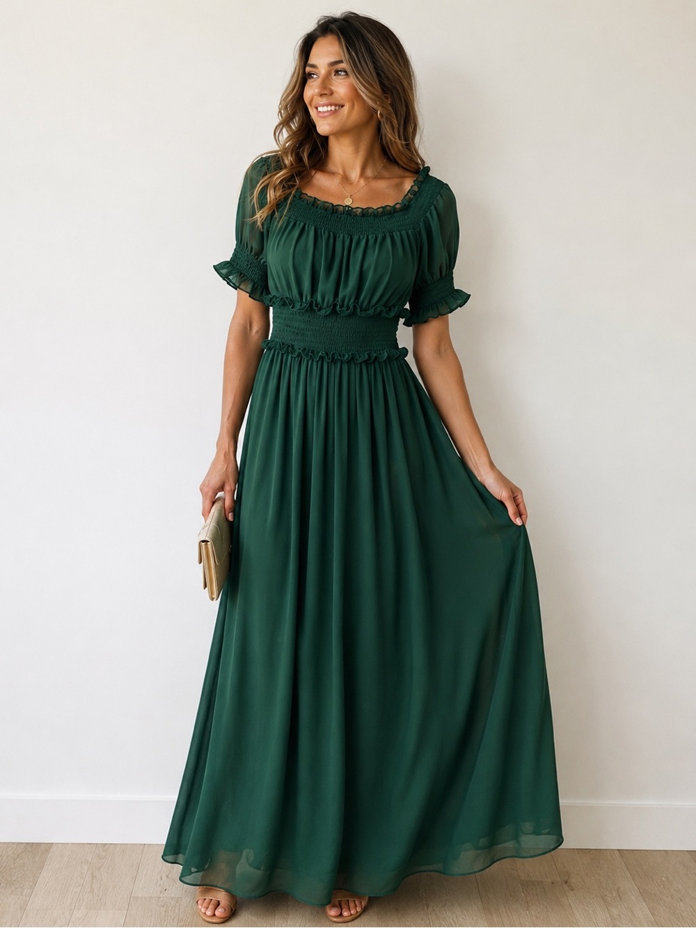 Baltic Born Green Smocked Ruffle Chiffon Maxi Dress Puff Sleeve Size S